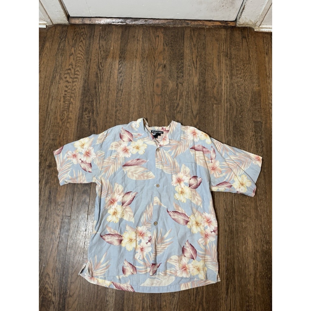 WinterSilks Mens Large Silk Linen Blend Floral Short Sleeve Button Down Shirt